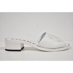 Chanel 22S White Calfskin Leather CC Logo Mules Slide Sandal Block Heel Flat 40